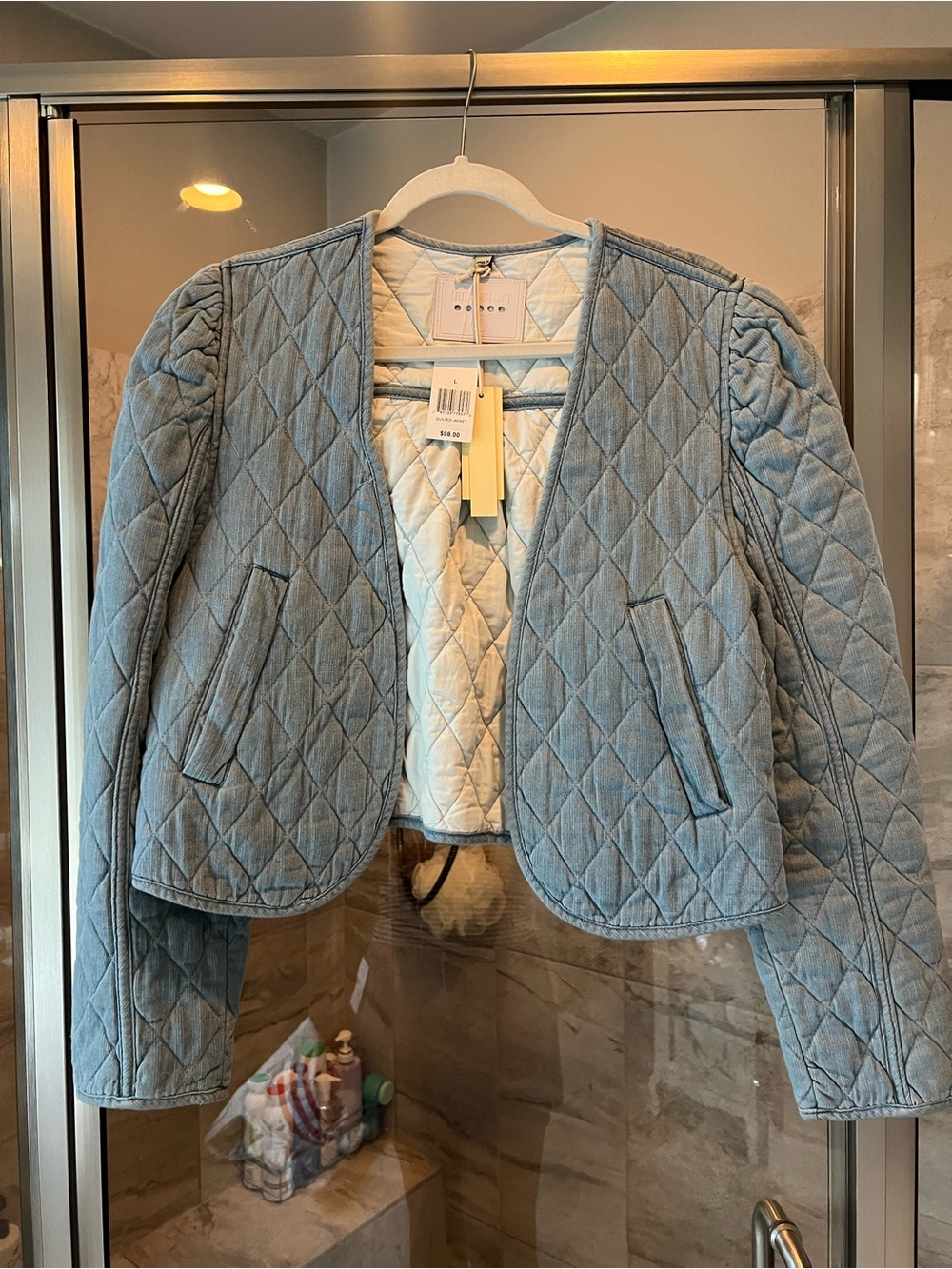 Blank NYC Powder Blue Diamond-Quilted Puff Denim Jacket